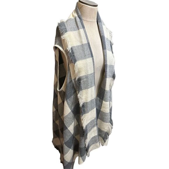 Shyanne Womens Blue Plaid Open Sweater Cardigan Kimono Vest Long Sides One Size - Picture 2 of 9